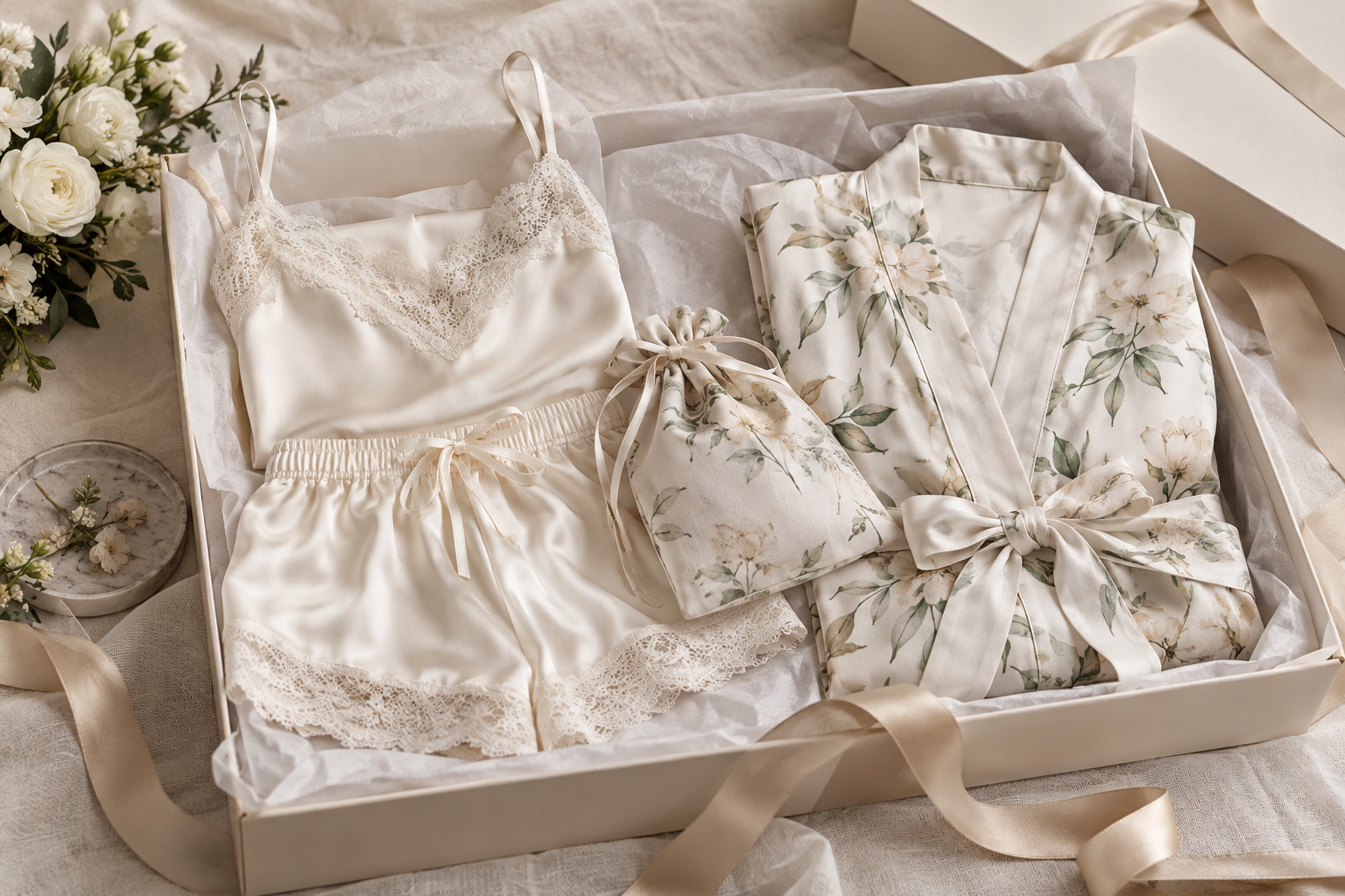 Bridal gift box containing ivory satin sleepwear and a botanical robe