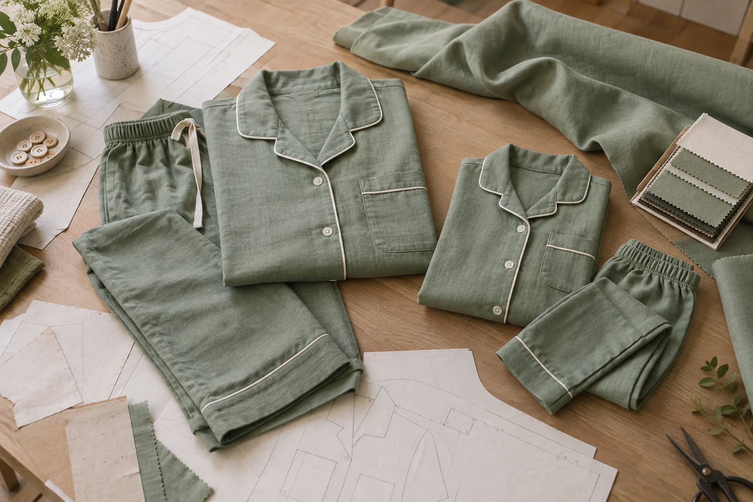 Sage green adult and child cotton pajama sets with fabric swatches