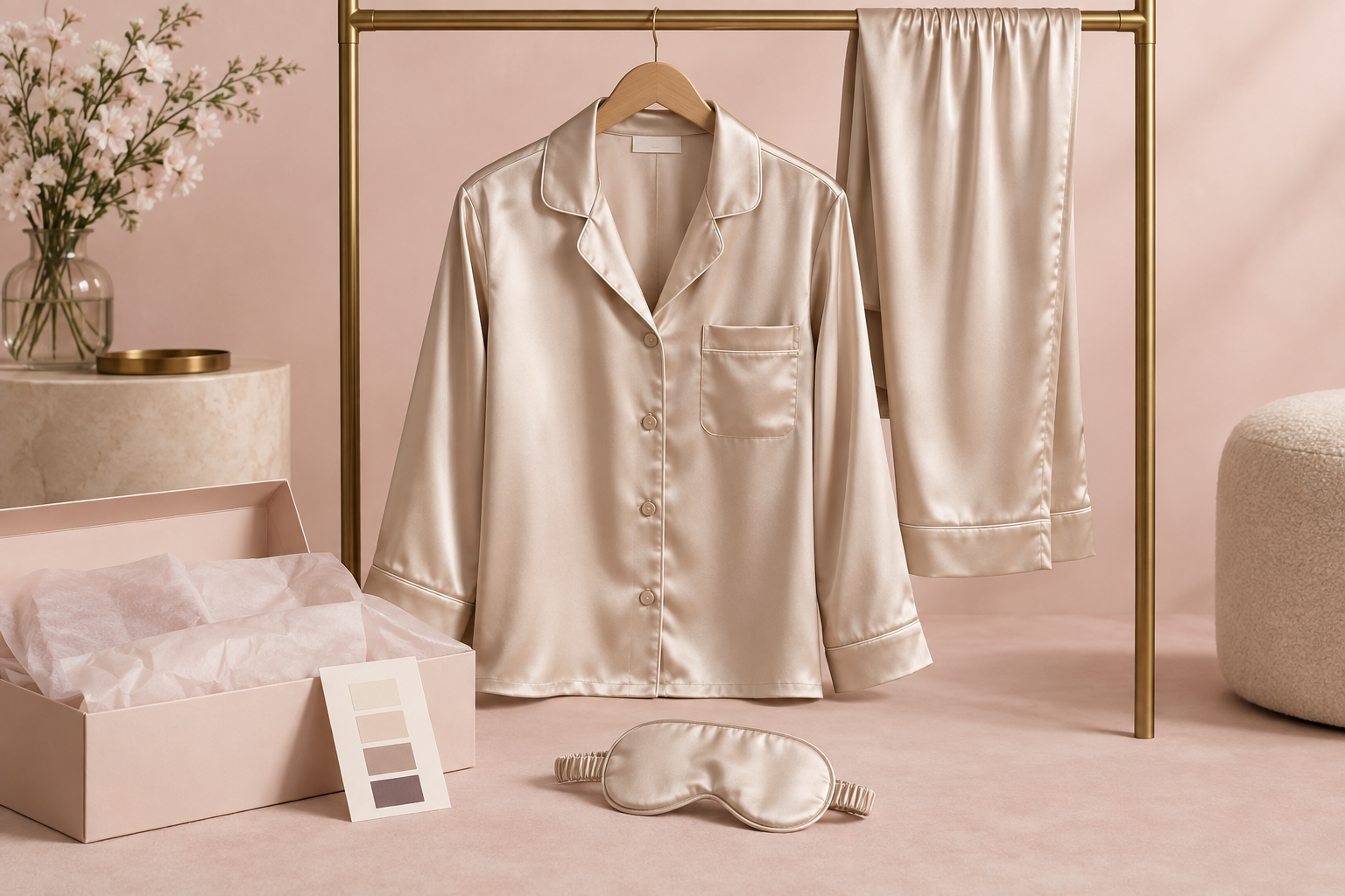 Champagne satin pajama set arranged as a private-label retail capsule