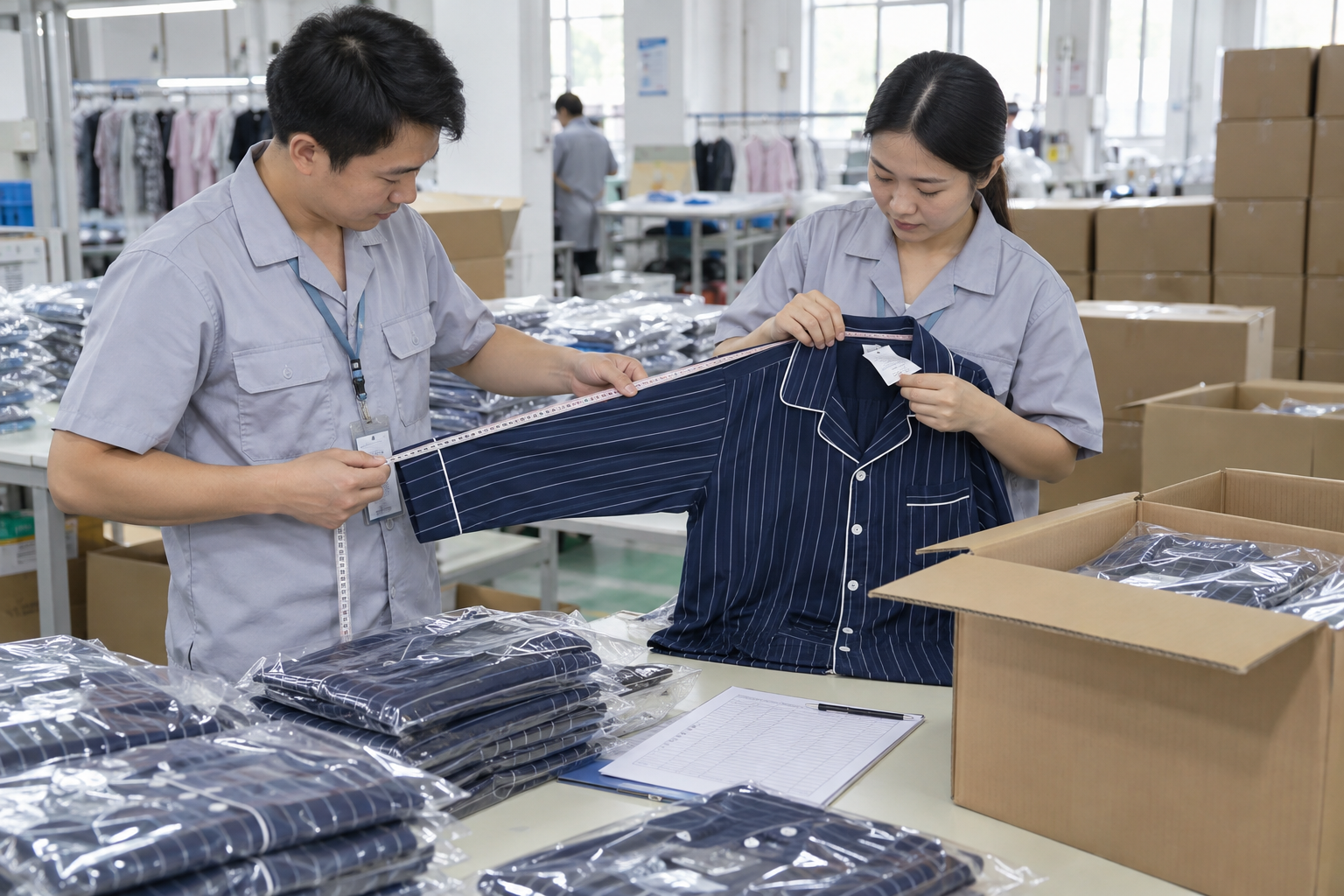 Asian quality inspectors measuring a navy striped pajama before export packing