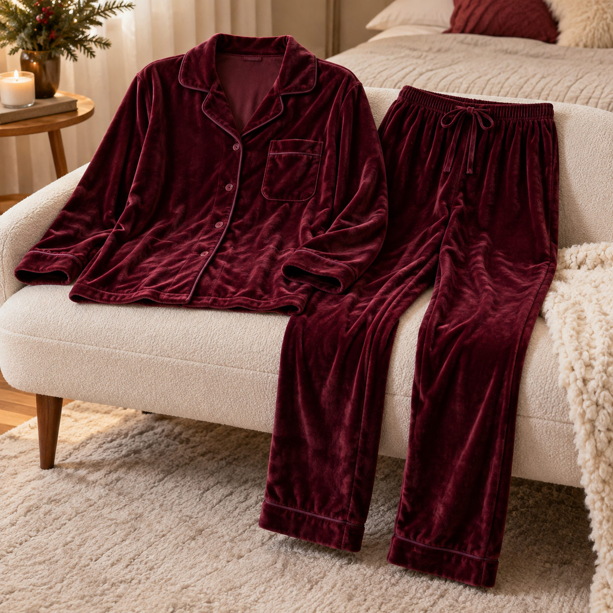 Deep burgundy velour long-sleeve winter pajama set