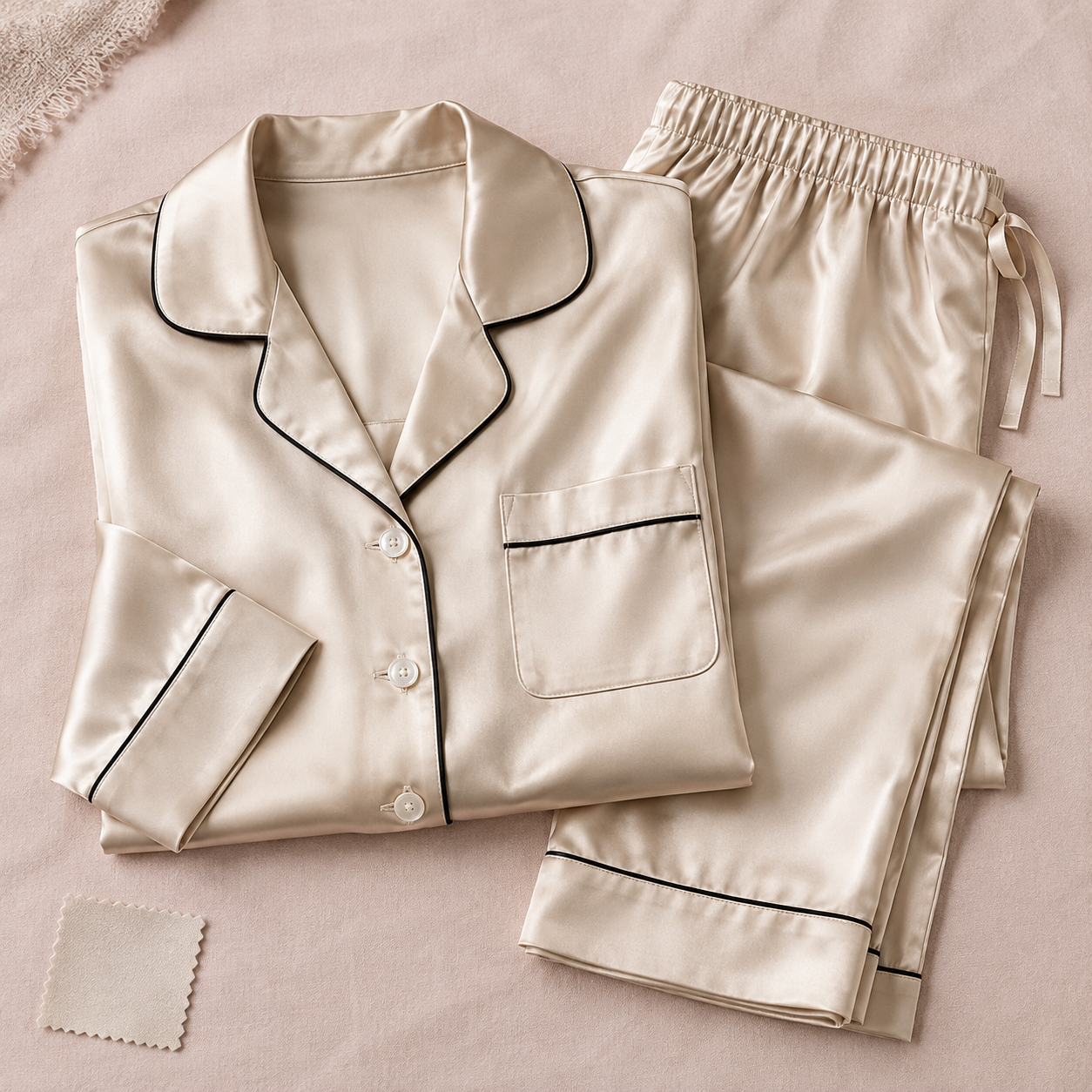 Champagne silk long-sleeve pajama set with contrast piping