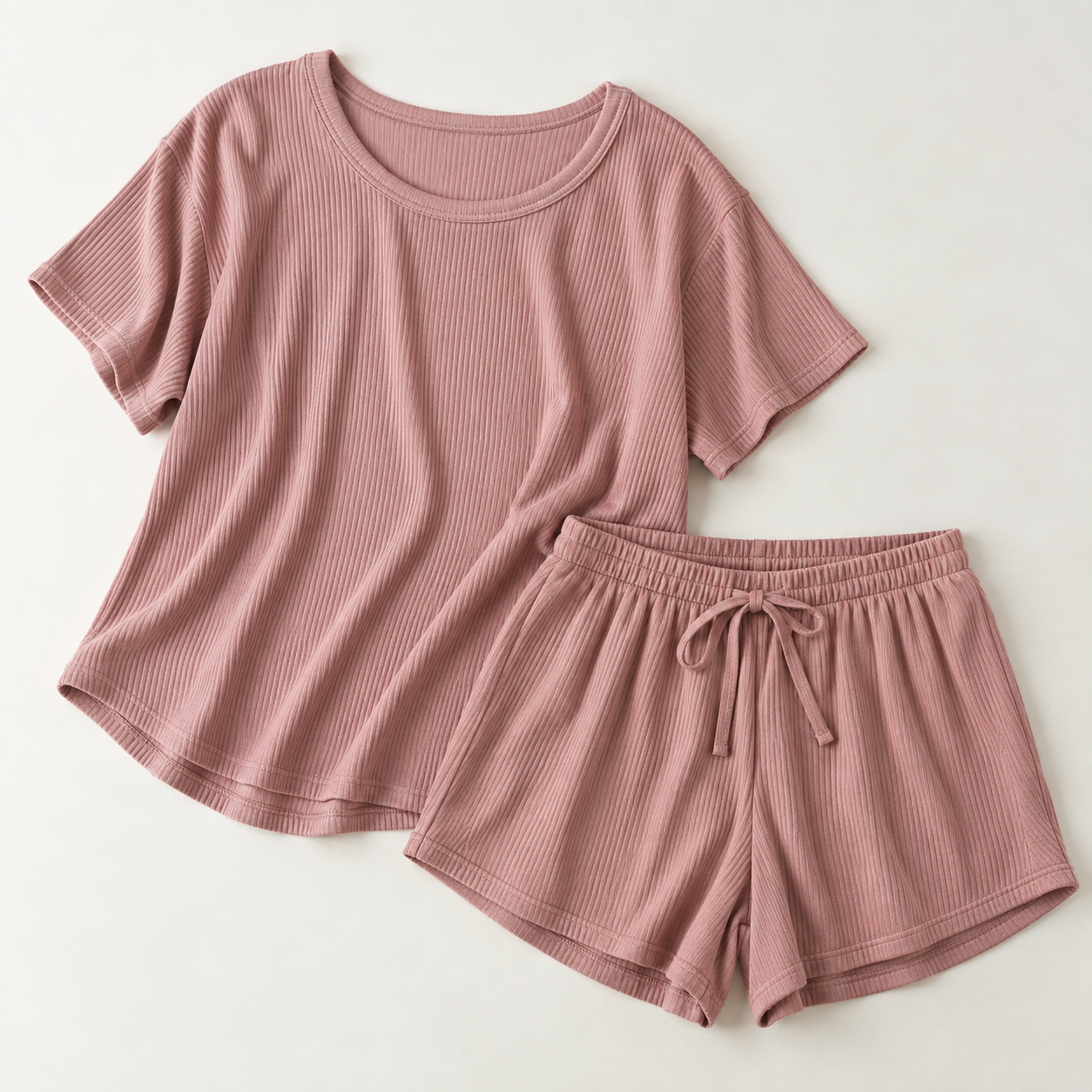 Dusty rose ribbed modal sleepwear top and shorts set
