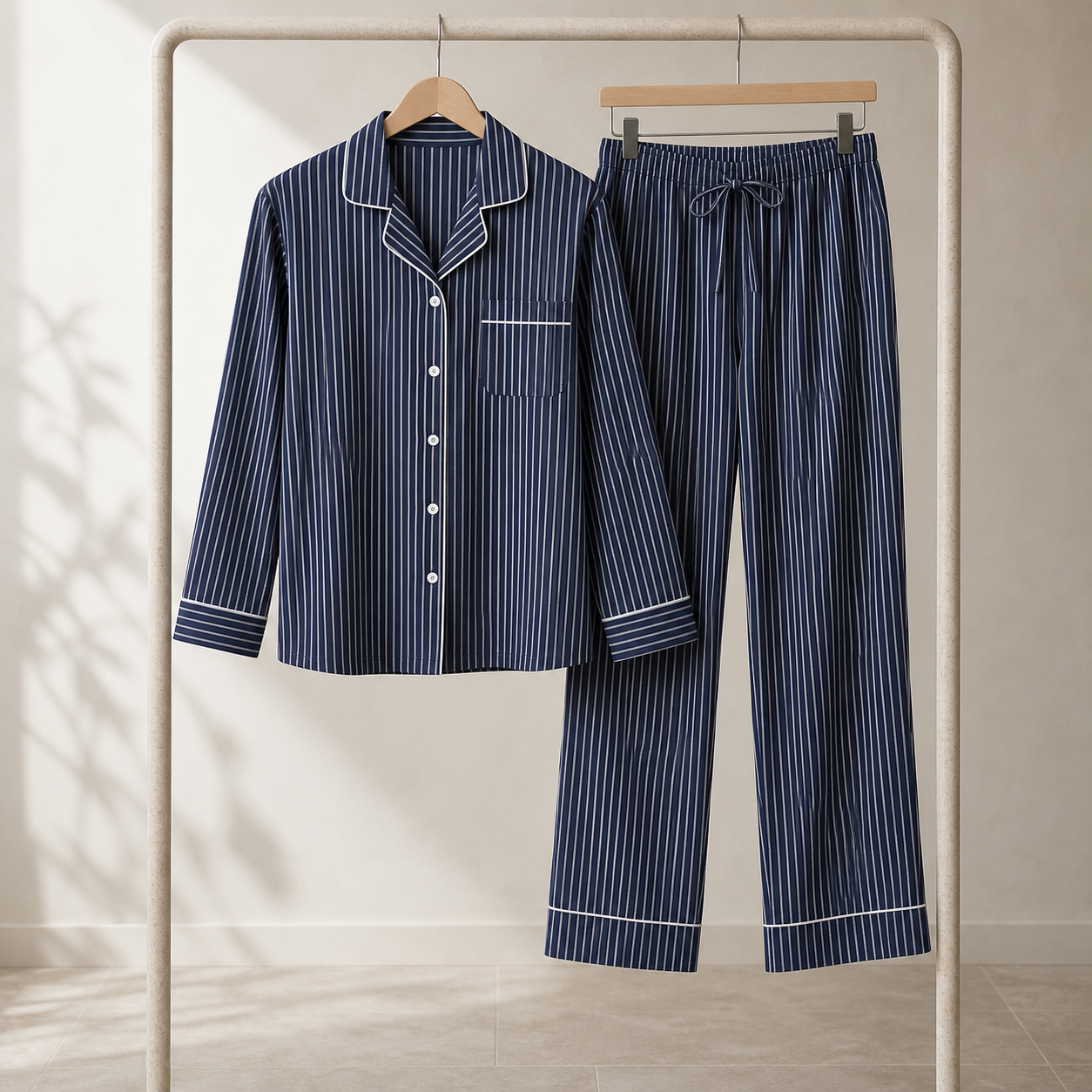 Navy striped cotton poplin pajama shirt and trouser set