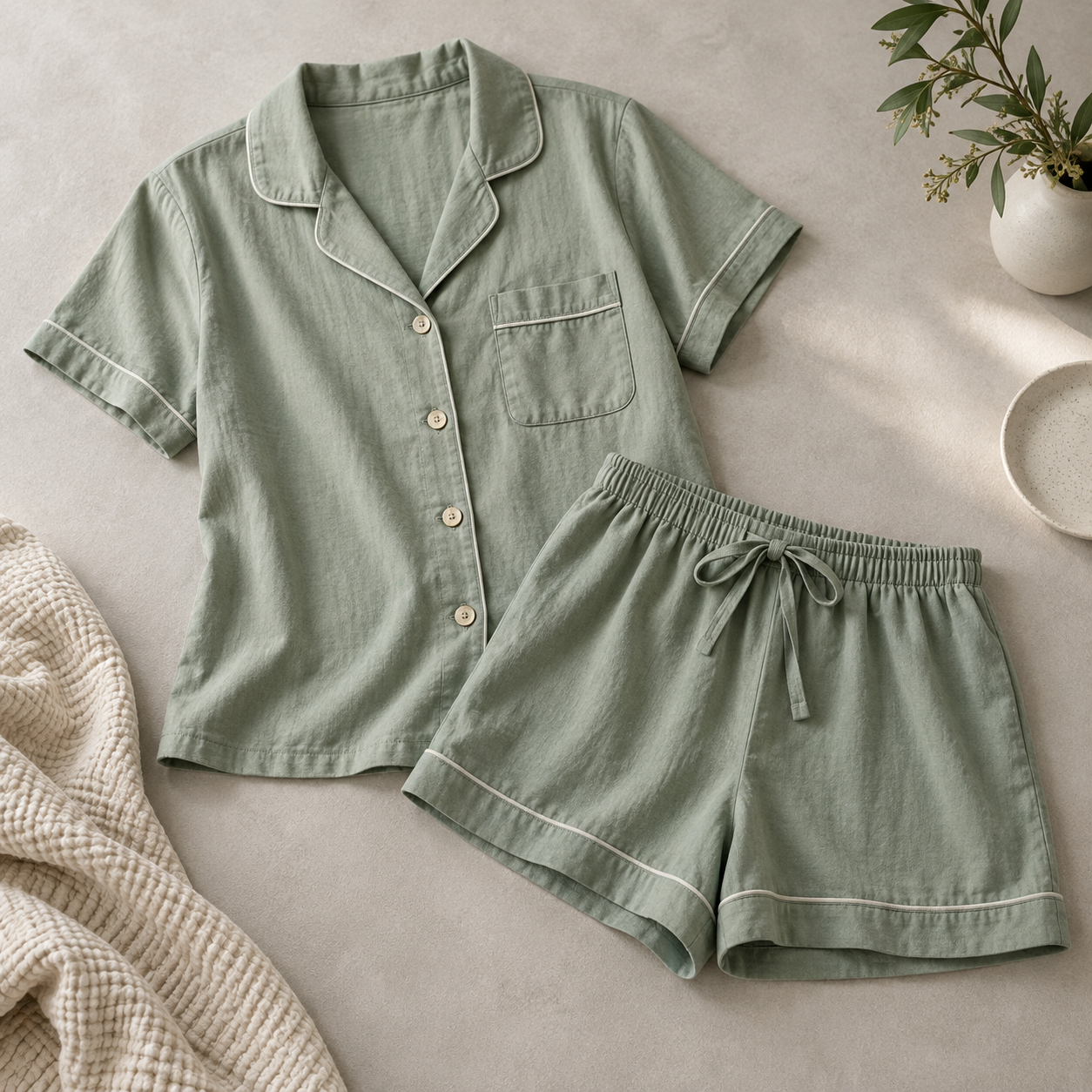 Sage green washed cotton short-sleeve pajama set