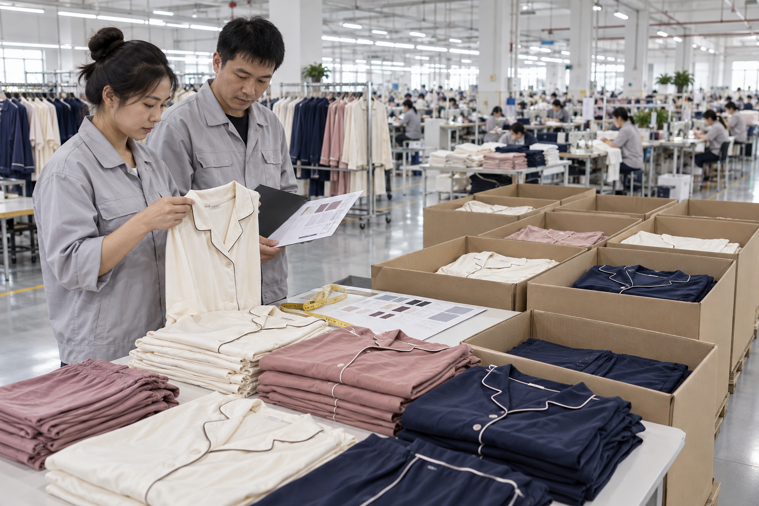 Asian factory employees conducting shipment inspection of folded custom pajamas