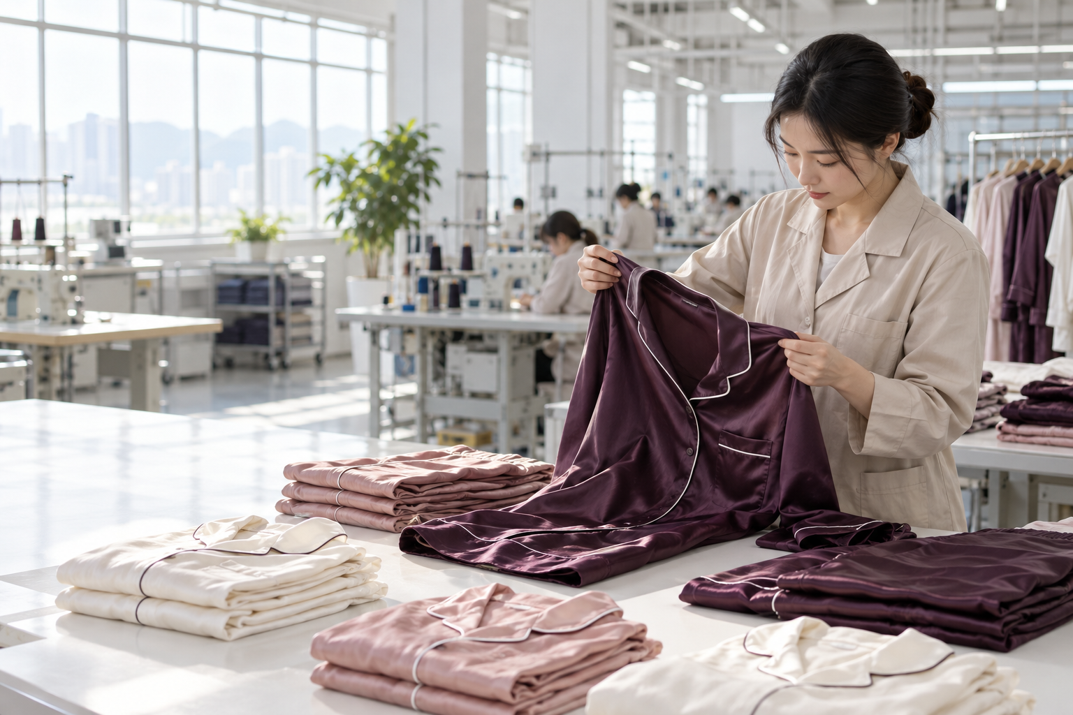 Asian quality-control technician inspecting a custom satin pajama set in a Shenzhen factory